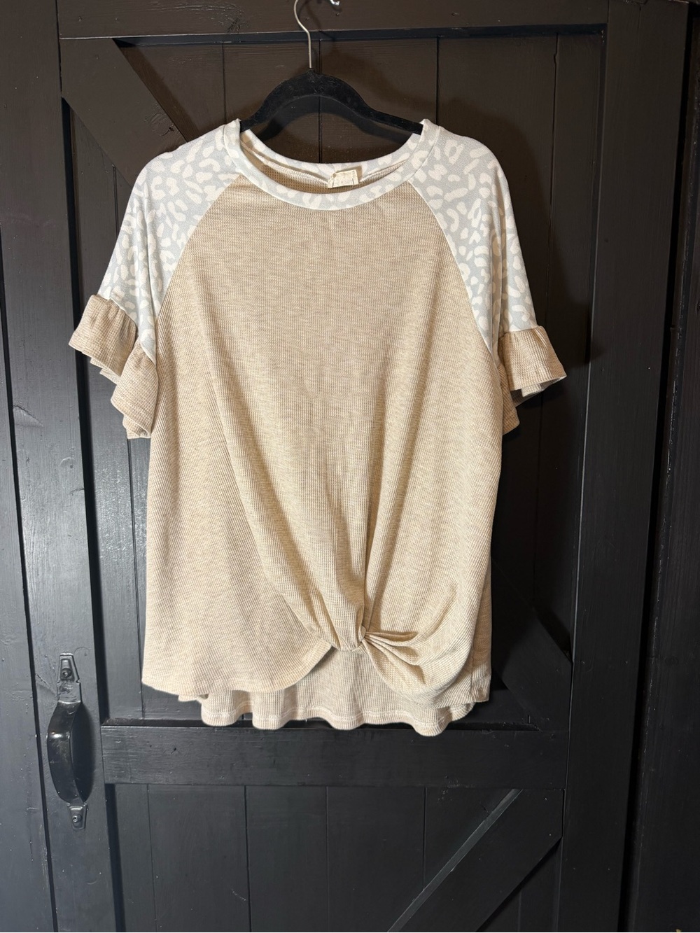 Lovely Melody Beige Knit Top with White Leopard Raglan Sleeves and Front Twist